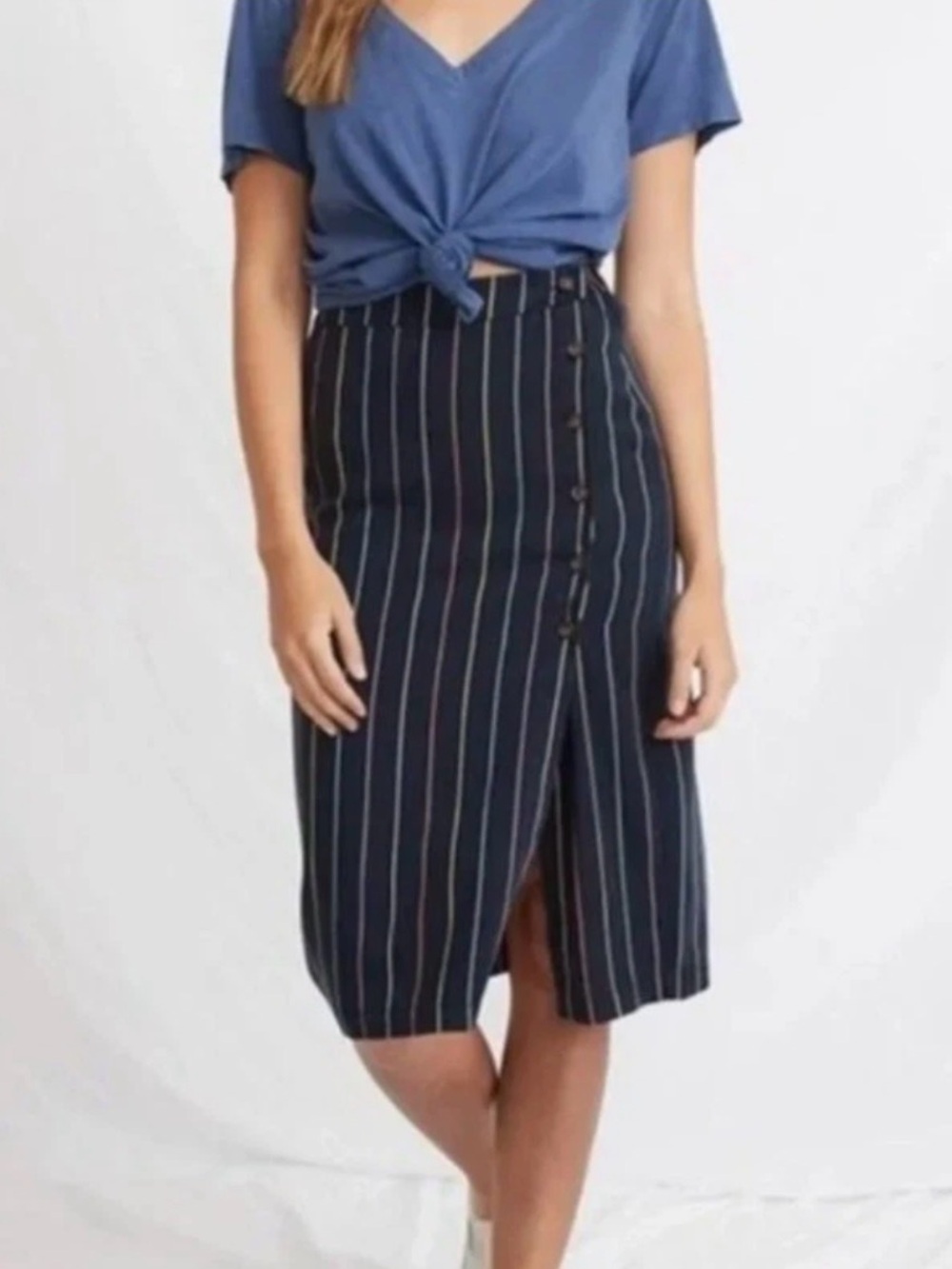 Marine Layer Navy Midi Skirt with Multicolor Pinstripes Size S